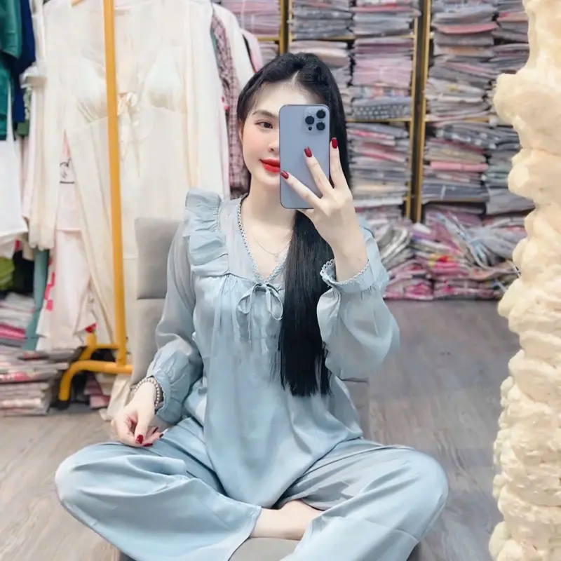 Áo Ngủ Nữ Tay Dài Lụa Xước Phối Voan Trơn Form Tu 40-60kg