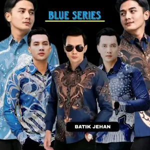 Batik pria lengan panjang jumbo big size M L XL XXL 3XL 4XL 5XL 6XL 7XK V-Neck Katun Lembut Pekalongan Motif batik warna biru Casual Baju Nyaman