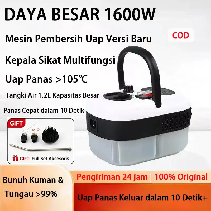 COD Mesin Pembersih Uap 1600W 1.2L Uap Panas >105°C, Alat Pembersih Multifungsi untuk Dapur, Kompor, Hood, Kamar Mandi, Jok Mobil, Sofa, Steam Cleaner Sterilisasi Anti Bakteri & Tungau