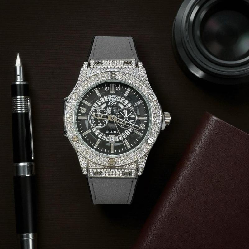  Đồng hồ nam KINGU HP 8077A đính full đá chống nước 3ATM dây silicone 42mm kính mineral chính hãng 