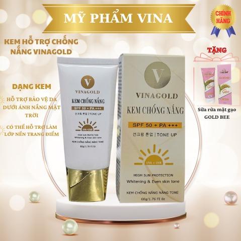 Kem chống nắng hỗ trợ nâng tông da VINAGOLD SPF50+ PA+++ 60g Skincare Dưỡng ẩm chăm sóc da + Tặng tuýp sữa rửa mặt gạo Gold Bee