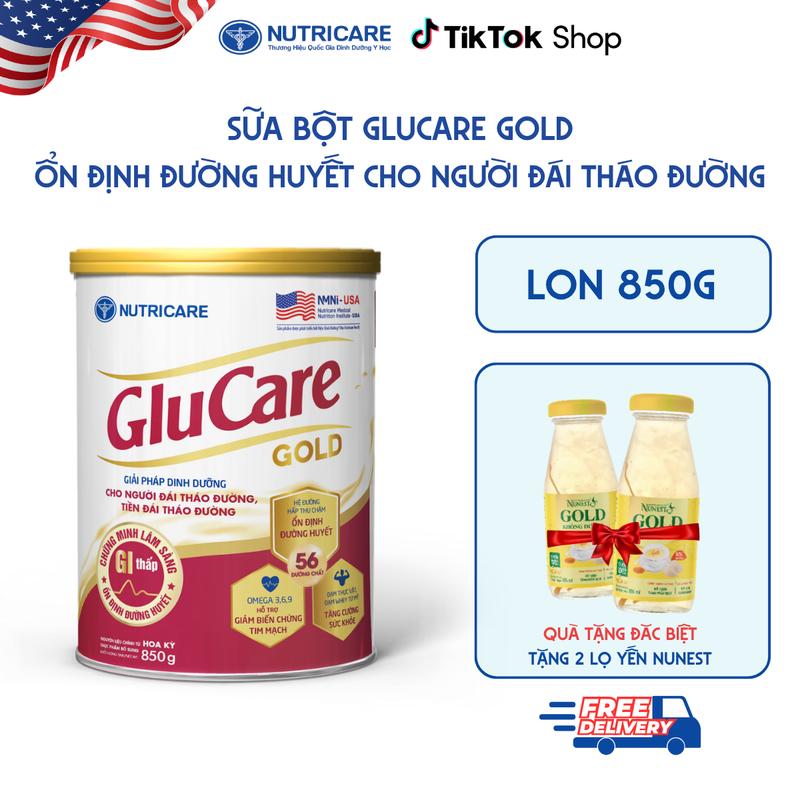   TẶNG 2 LỌ YẾN  Nutricare Sữa bột Glucare Gold 850g - Dinh dưỡng chuyên biệt cho người tiểu đường Giúp ổn định đường huyết - Dễ tiêu hóa cho người lớn tuổi 