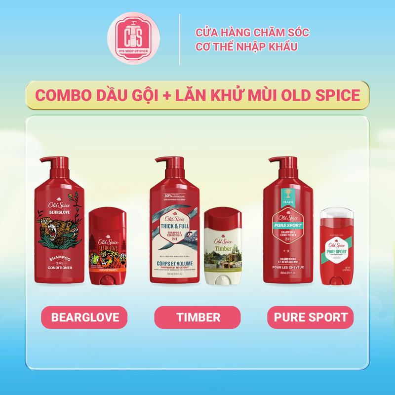 Combo Dầu gội & Lăn khử mùi Old Spice hương Timber,Thick&Full / Bearglove / Pure Sport