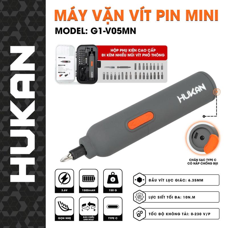 [HUKAN] Máy vặn vít dùng pin mini G1-V05MN, máy vít HUKAN nhỏ gọn tiện lợi trong gia đình tặng kèm bộ mũi vít chính hãng maybat  vitmini