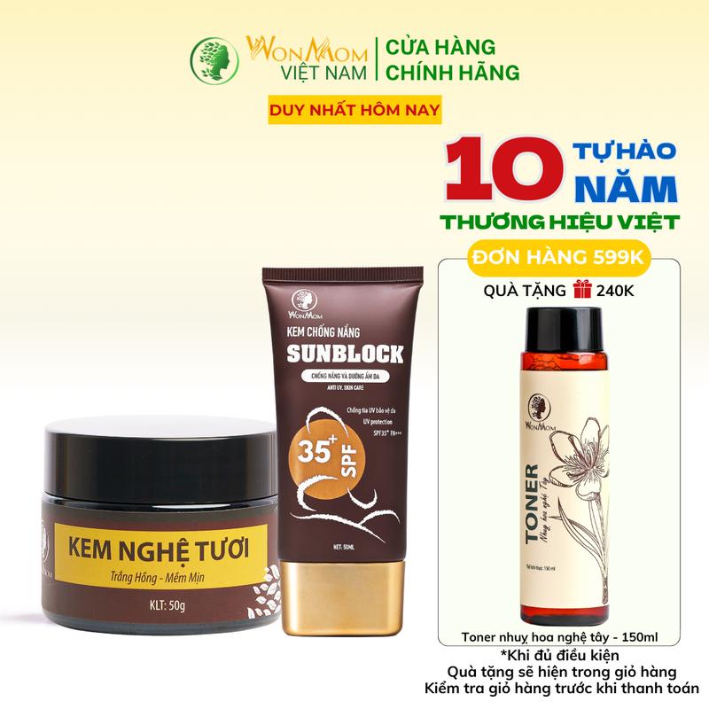  Combo 2 Món Làm Đẹp Da Skincare Dưỡng Trắng Mờ Thâm Nám Bảo Vệ Da  1 kem nghệ tươi + 1 kem chống nắng  