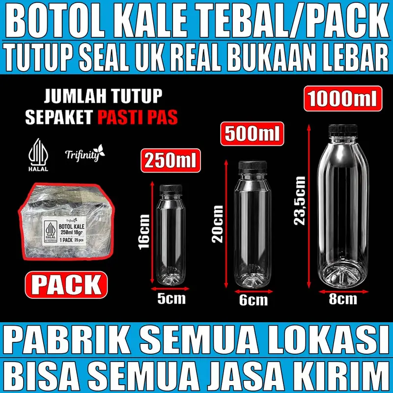 Botol Kale Tebal 46gr Tutup Segel Rapat Botol Plastik Kopi jus 250ml 500ml 1000ml Trifinity Pack JSP