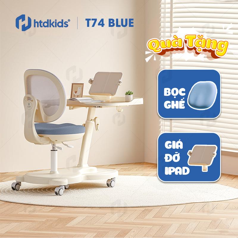  Bộ bàn ghế học sinh chống gù HTDkids T74 Bàn liền ghế có bánh xe dễ dàng di chuyển linh hoạt trục bàn giữa giúp để chân thoải mái ghế điều chỉnh linh hoạt có giá sách 