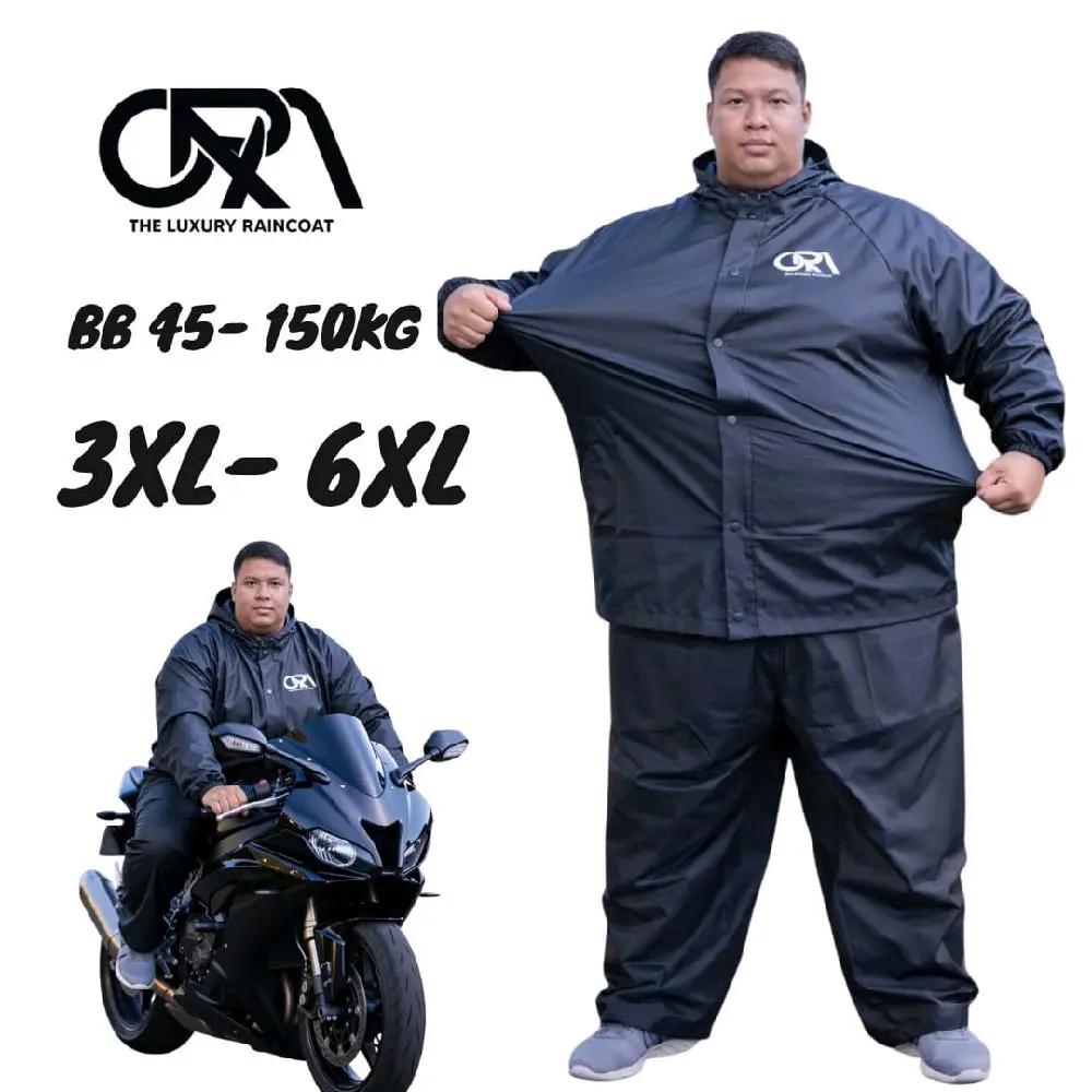 ORA Jas Hujan Jumbo Setelan Pria Wanita PVC Karet Tebal Elastis Big Size 3/4/5/6 XL untuk BB 80-150 KG dengan Hoodie dan Tali Resleting Premium