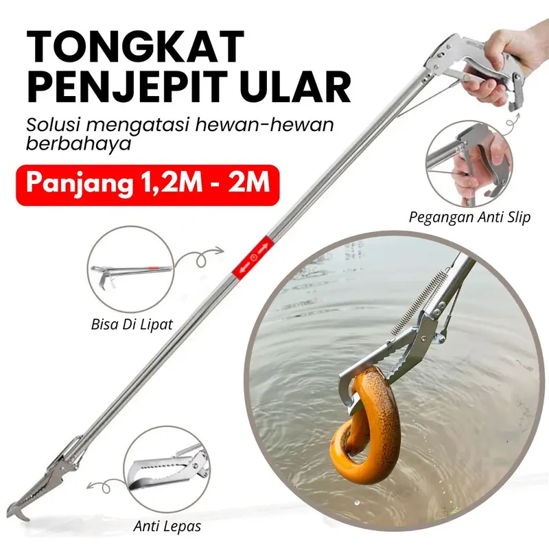 Tongkat Alat Penjepit Serbaguna Untuk Sampah Penangkap Pengait Hook Ular Belut Kepiting Yuyu Snake Tongs Lipat 200cm 120cm Stainless Anti Karat 0