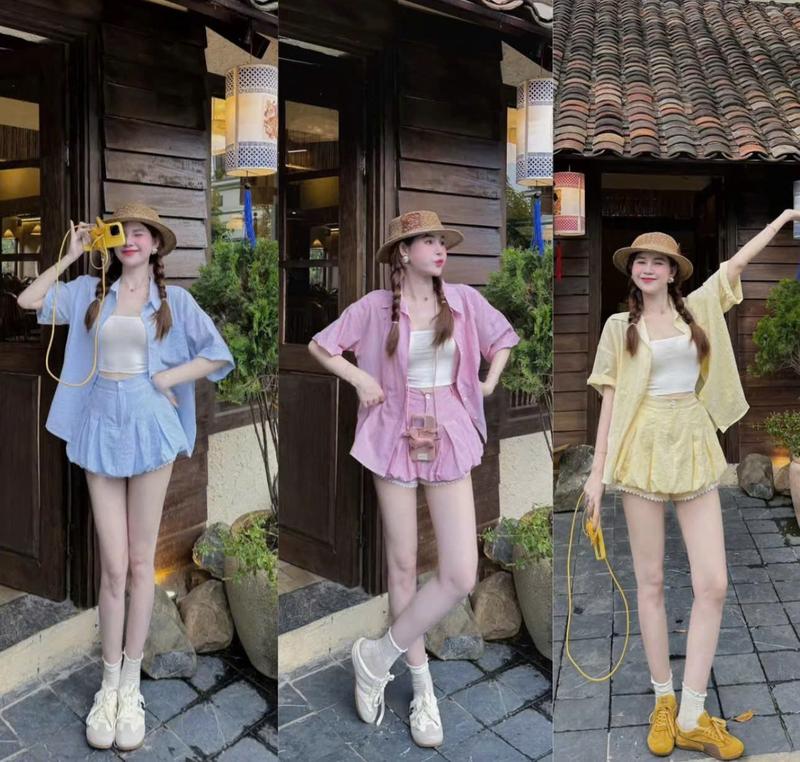 [Tặng áo quây] Set 3 món áo sơ mi kẻ tay cộc có thêu chữ mix chân váy phối ren phong cách trẻ trung năng động KAZYDRES_S274