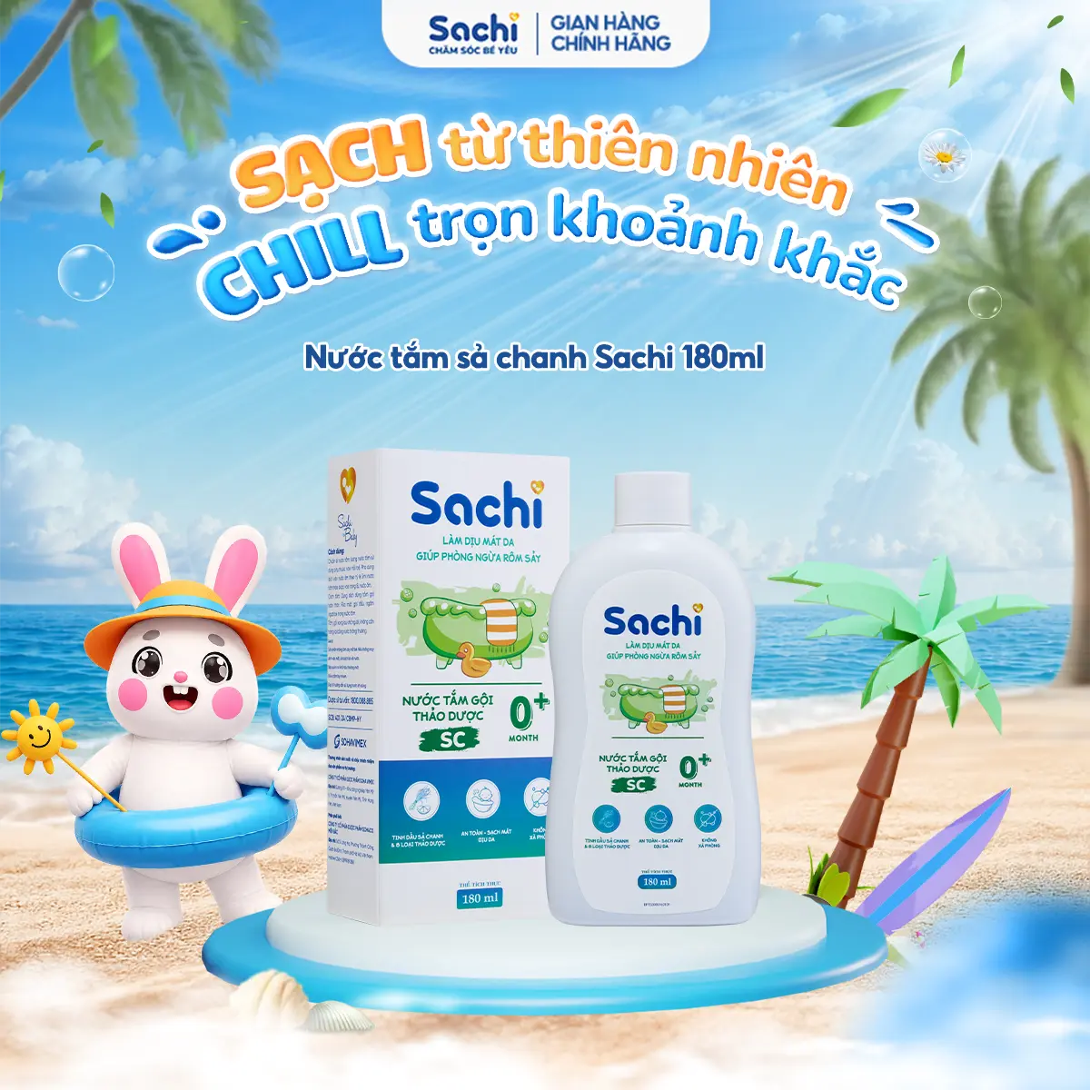 Nước Tắm Thảo Dược SACHI Sả Chanh 180ml hỗ trợ ngừa rôm sảy, dịu mát da cho bé
