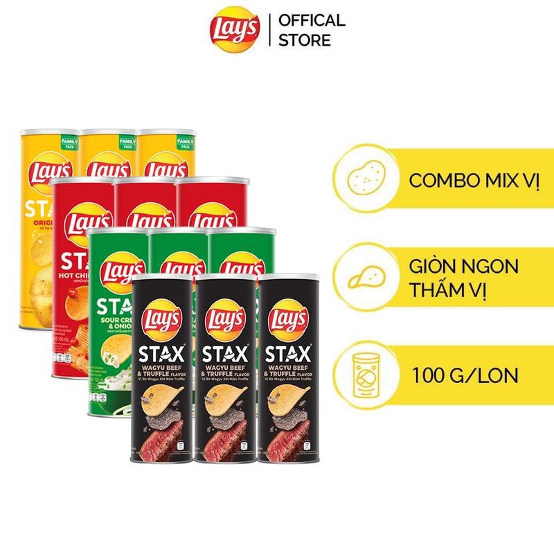 Combo 12 Hộp Lay's Stax Mix Vị 100gr ( 3 Nấm Truffle, 3 Cay Nồng, 3 Vị Tự Nhiên, 3 Kem Chua Hành)
