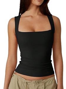 Top negro para mujer sin mangas de verano con escote cuadrado, estilo crop top ajustado y sexy; elegante, casual y básico, ideal para uso diario