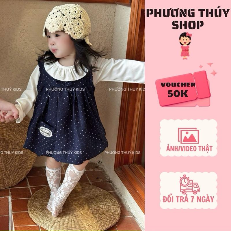 SẴN Set áo cổ ren + váy chấm bi cho bé gái 2 màu xanh than và đỏ sz 5-18kg. nhận làm theo yêu cầu