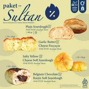 [PROMO GEDE GEDEAN] [PAKET SULTAN ISI 4] HALAL WHOLE PLAIN TRADITIONAL SOURDOUGH + GARLIC BUTTER CHEESE FOCCACIA + SALTY YELLOW CHEESE SOFT SOURDOUGH + BELGIUM CHOCOLATE RAISIN SOFT SOURDOUGH - ORU Indonesia Sari