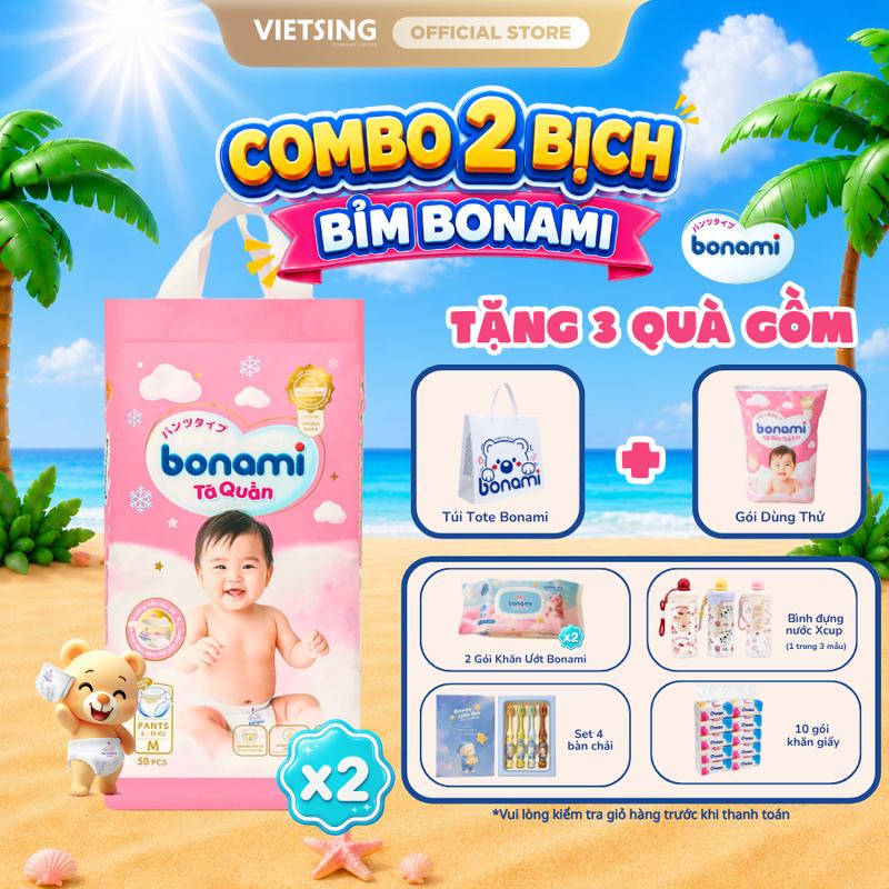 [SALE 10.10] Combo 2 Bịch Bỉm Bonami Chính Hãng Siêu Thấm Hút Mềm Mại An Toàn Cho Bé Từ 2kg-35kg Đủ Size NB-4XL [TẶNG Set 4 Bàn Chải/ Bình Đựng Nước/ Bịch Khăn Giấy 10 Gói/ 2 Gói Khăn Ướt Bonami + Túi Tote Bonami + Gói Bỉm Dùng Thử]