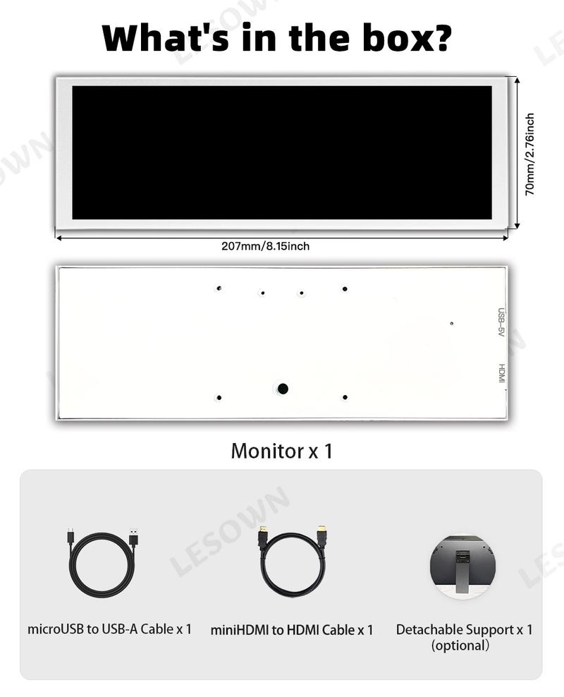 Product Introduction of LESOWN 7.9 inch 400x1280 IPS Bar LCD HDMI Wide Display Touch 500Nits High brightness 7.84 Long Stretched Secondary Monitor White 6