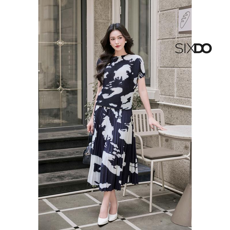   HN Áo nữ cổ ngang tay cánh dơi màu loang đen trắng SIXDO  White & Black Woven Blouse  