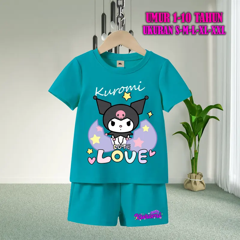 Setelan Baju Anak Tidur Gambar Kuromi Lengan Pendek dengan Sablon Berkualitas - Baju Anak Fashion Celana Pendek piyama  kuromi  anak baju  tidur  anak  perempuan 0
