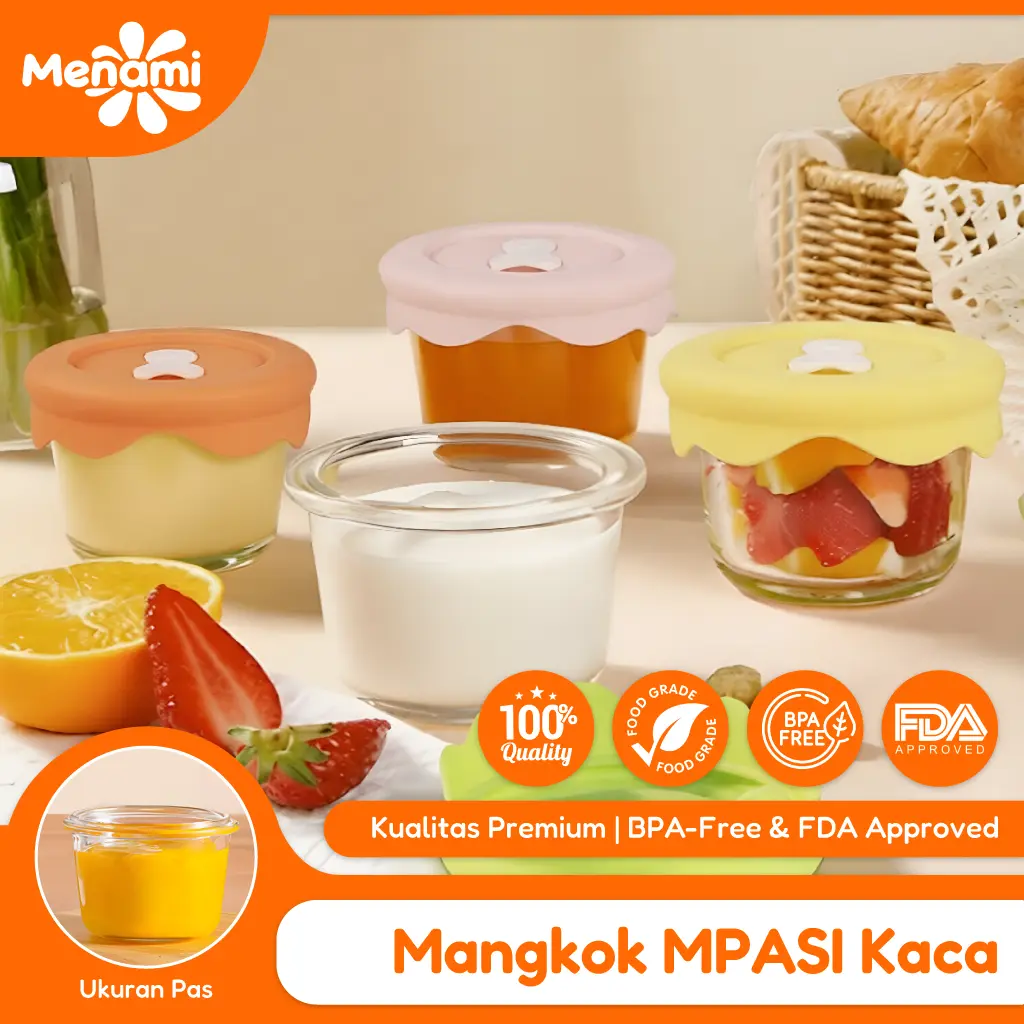 [ Menami ] Wadah MPASI Kaca 120ml - Jar Makanan Bayi Kedap Udara Tahan Panas Bisa Microwave Freezer & Mangkok Kaca MPASI Bayi Anti Bocor Skala Pengukuran