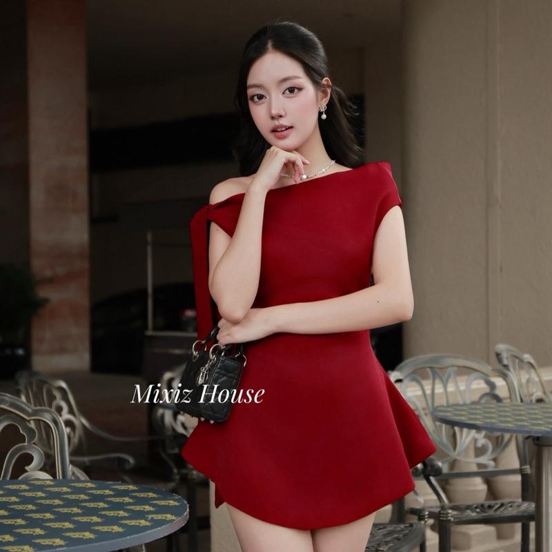   CÓ BIGSIZE   Hàng Loại 1 Đầm cột nơ lệch vai thắt nơ tay sang chảnh đi tiệc chất vải cao cấp ép keo dày dặn đứng form có 3 màu đỏ đen trắng  Mixiz House Nữ Women Dress - váy lệch vai buộc nơ 
