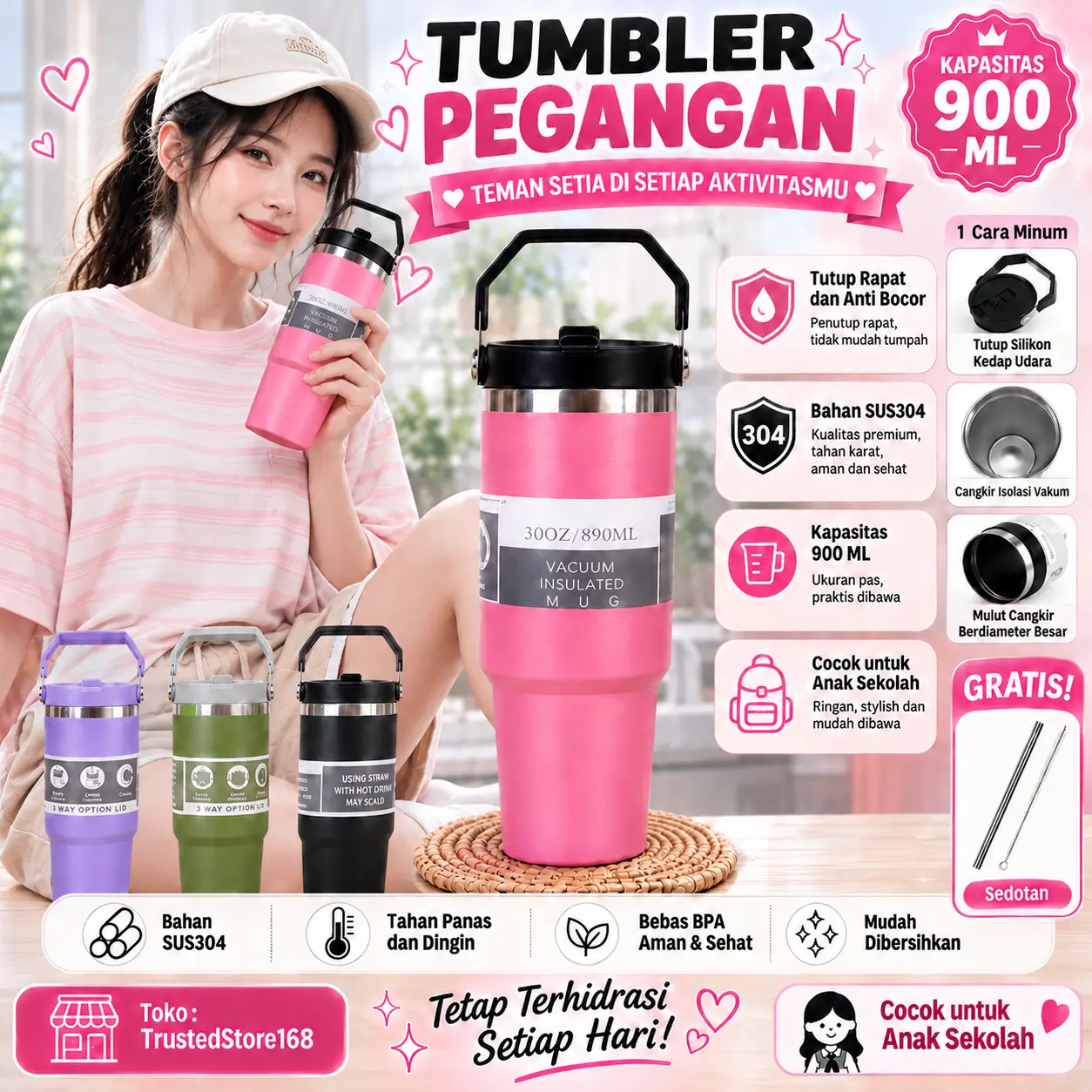 900ML Botol Minum Tumbler Stainless 3in1 Dilengkapi Handle Portable, Vacuum Insulated Thermos Cocok Travelling dan Kantor