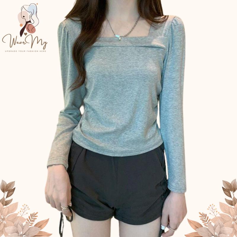 Baju Atasan Wanita Kaos Kerah Persegi Fashion Korean Style Wanita Lengan Panjang - BJ1690 0