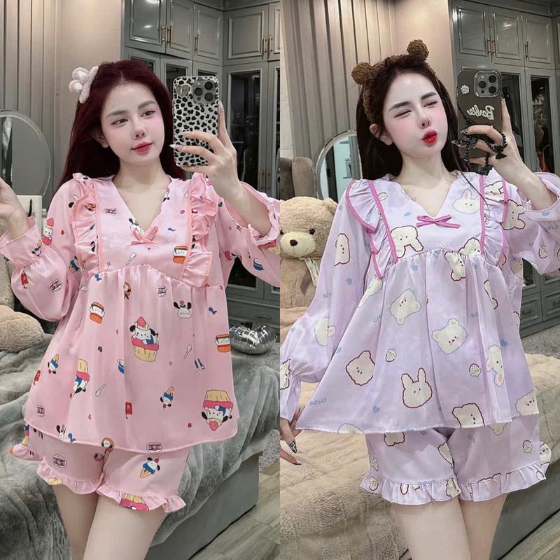 Đồ bộ đùi lụa mango thiết kế mới đồ bộ nữ baby doll dể thương pijama nữ size dưới 60kg pizama đùi áo ngủ bộ ngủ