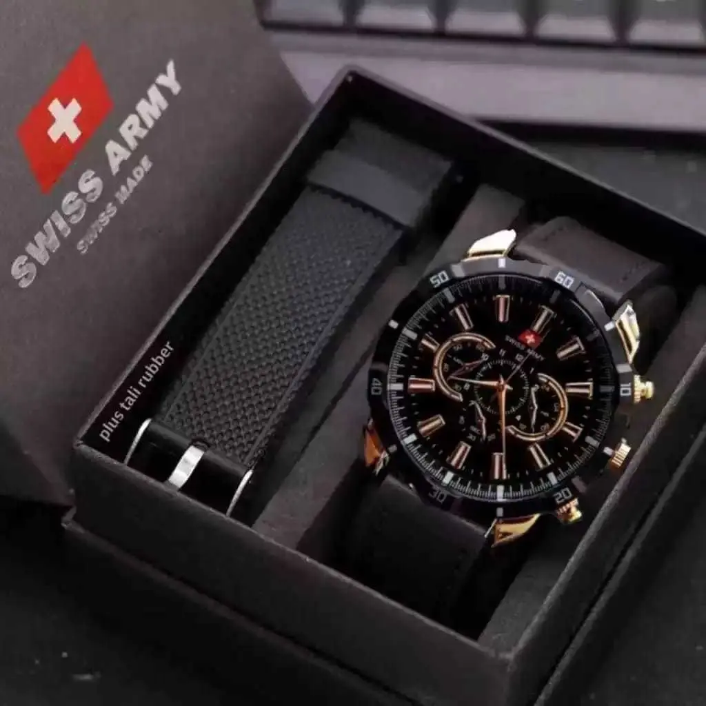 BISA COD - Jam Tangan Pria Analog Swiss Army Tali Kulit Chrono Varian Free 1 Tali Karet Paket - ANALOG WATCHES