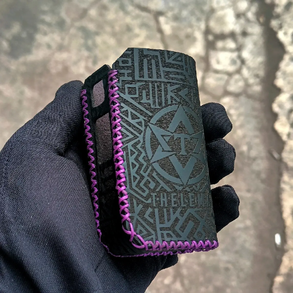 Leather Sleeve Case Thelema Aztec Logo Hitam Benang Ungu