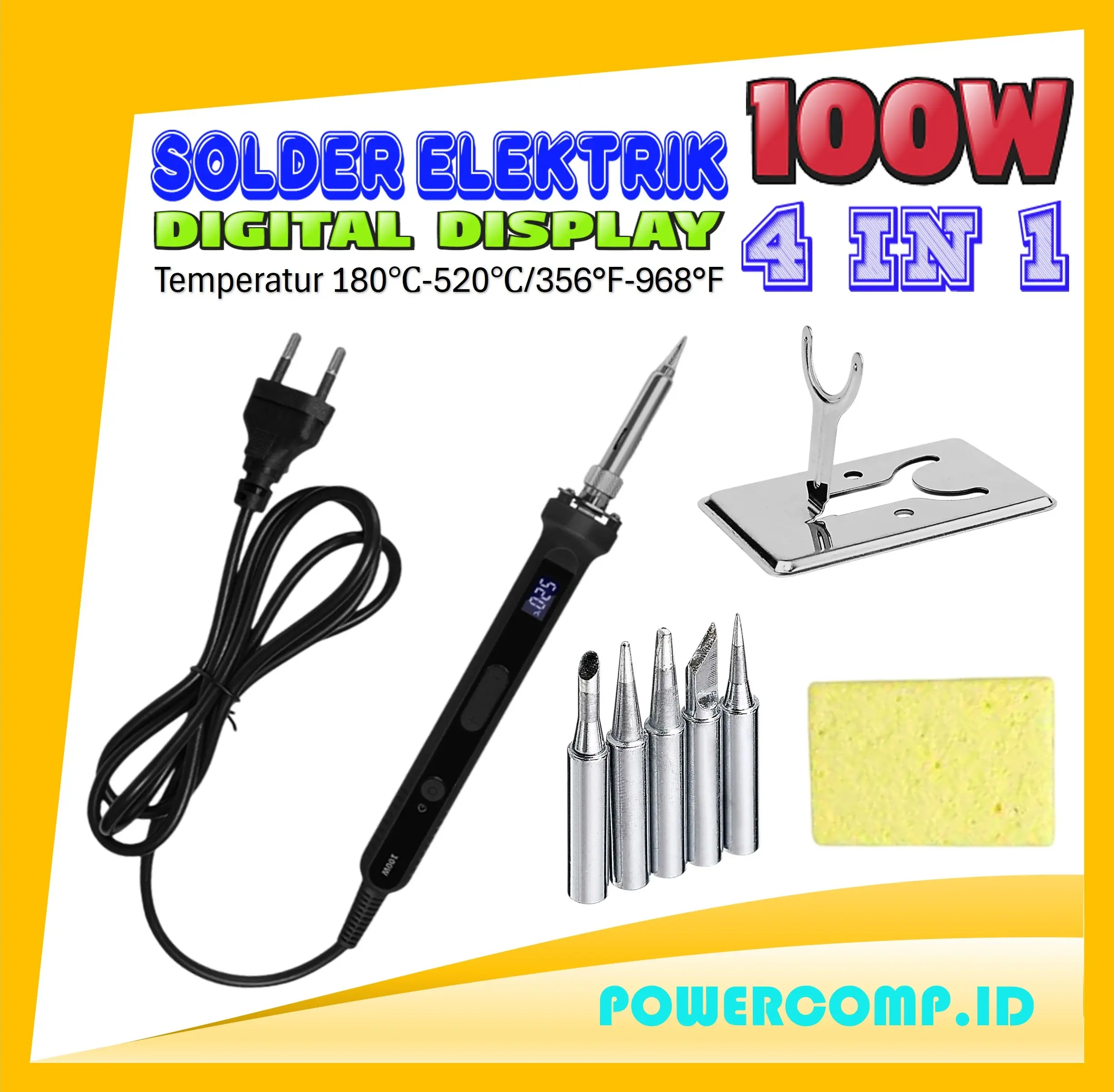 Solder Digital 100W Adjustable 4 in 1 | 5 Tip Solder + Dudukan + Sponge | Temperatur 180–520°C | LCD Display | Solder Elektrik Cepat Panas dan Tahan Lama | Alat Reparasi Servis HP Laptop PCB Elektronik – C919