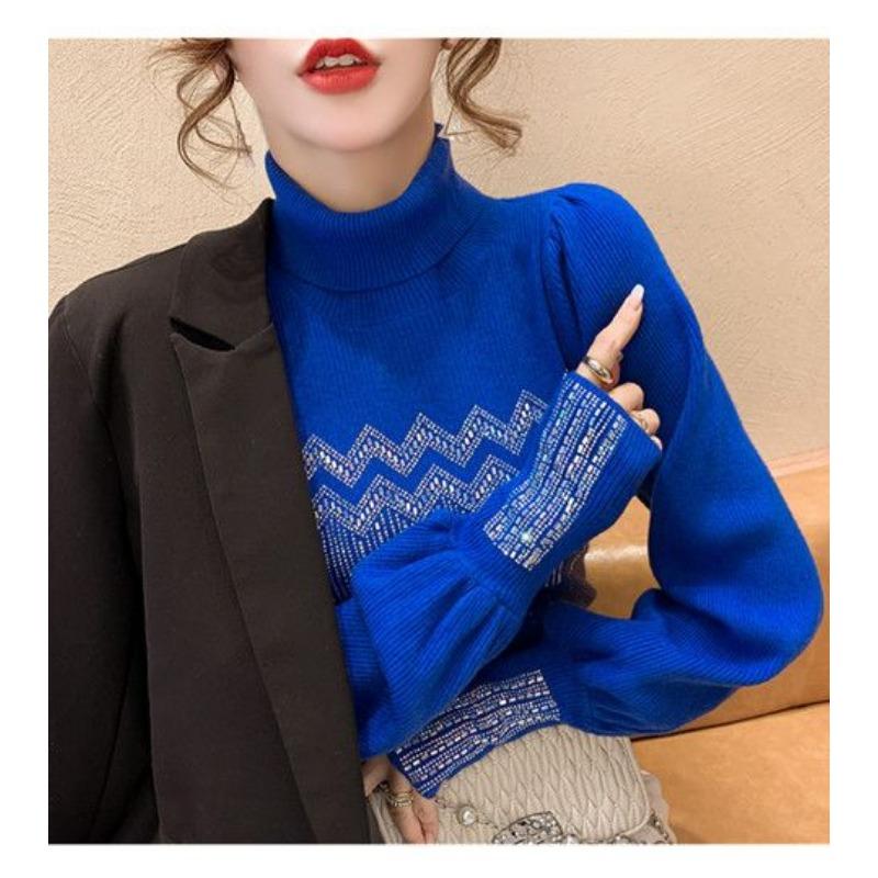 Product Introduction of Solid Color Diamonds Turtleneck  Sweaters Autumn Winter Female Commute Fashion Lantern Sleeve Thick Knitted Jumpers 14