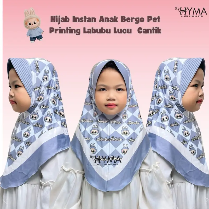 Jilbab Instan Kerudung Bergo Printing Labubu 3-9 Tahu  Hijab Jersey Anak Instan Nyaman Pad Muslim 3