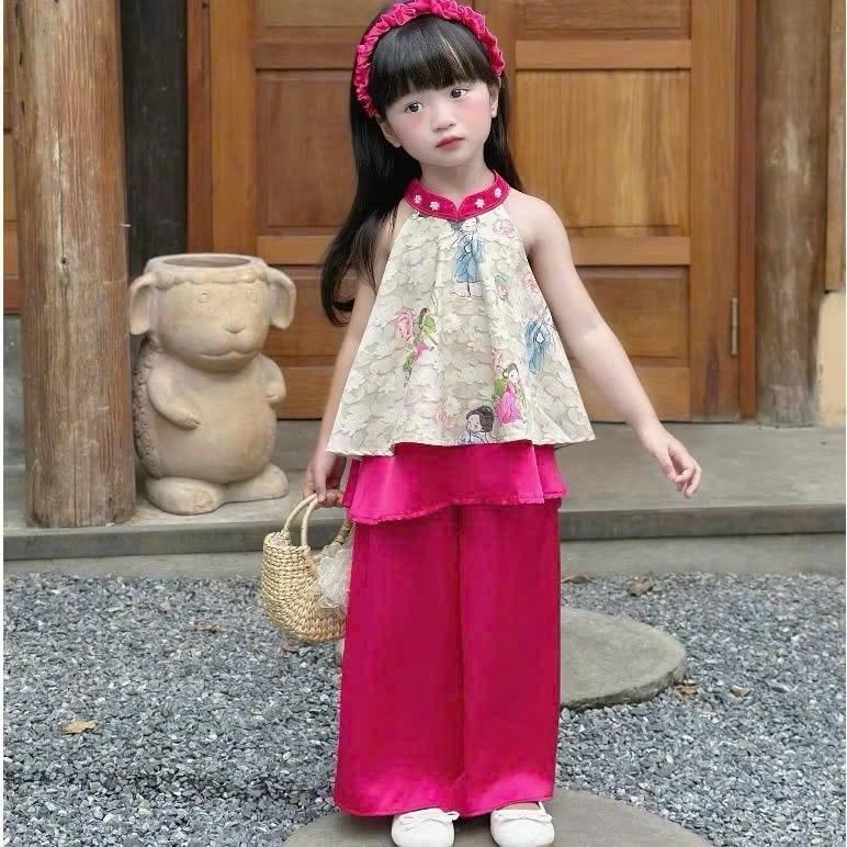 Bộ CỔ YẾM cho bé gái đi chơi mặc tết TRUNG THU, Bộ bà bà bé gái kèm mấn bản to như hình size 10-30kg Áo