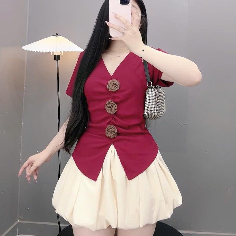 Sét áo váy bigsize nữ , áo hoa cộc tay tà nhọn vải tăm dày dặn chất mát kèm váy bí có lót trong ( có bán lẻ) A275, CV413 Đậu bigsize