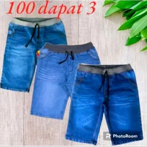 100 Dapat 1-3 Celana Pendek Jeans Dewasa Terlaris Bahan Denim Tebal Nyaman Hitam Biru Karet Melar