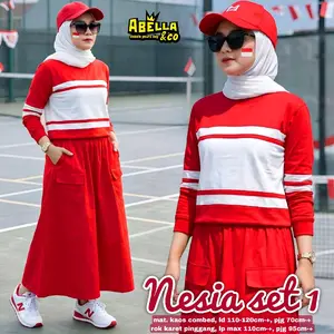 Nesia Set • Ready Stok Siap Kirim • Matt Combad Premium Ld 110cm-120cm • Setelan Kemerdekaan HUT RI 17 Agustus An Merah Putih • Nyaman Wanita Panjang  Muslim Motif Remaja Santai Dewasa Cantik