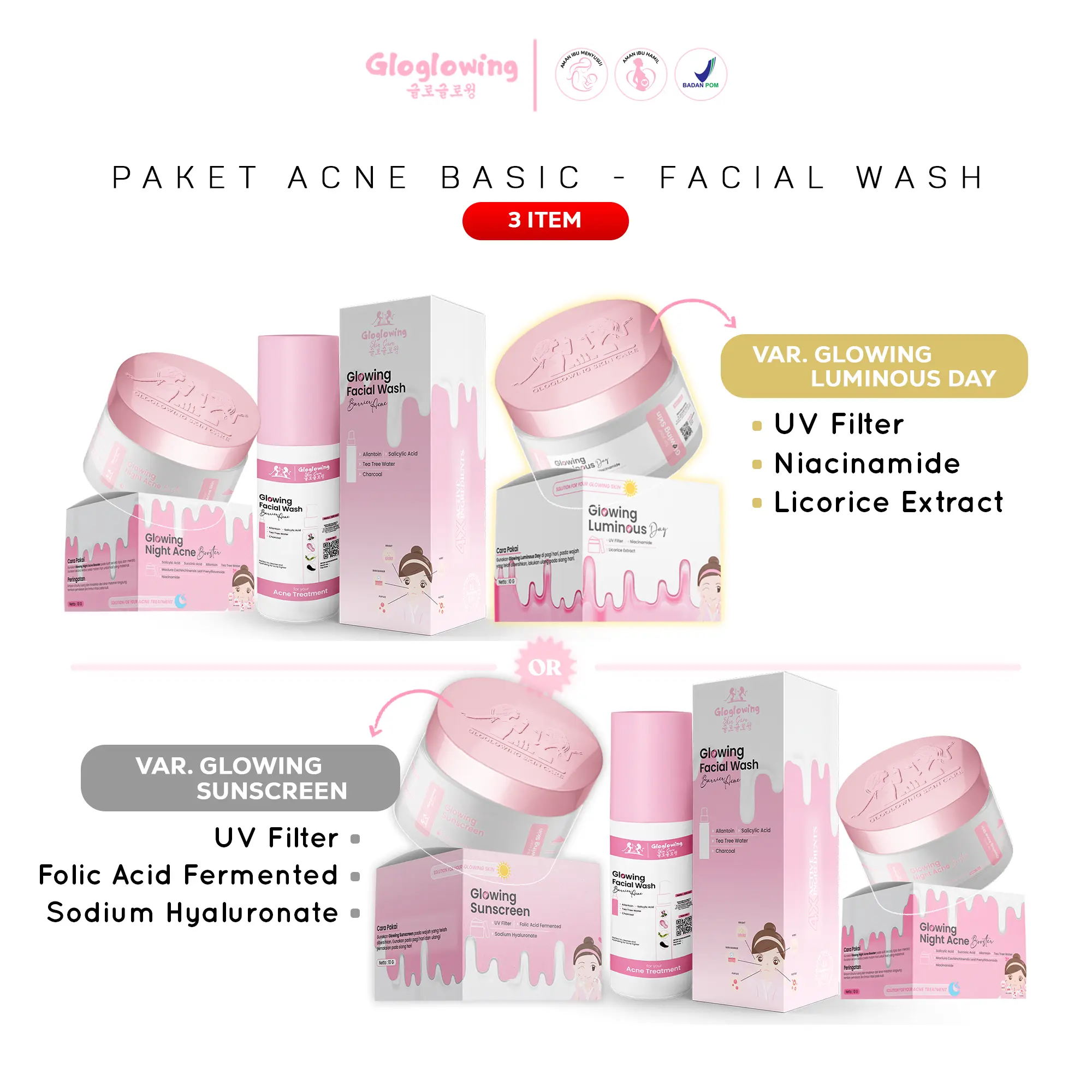 GLOGLOWING Paket Acne Basic - Facial Wash "3 item" Basic Acne Treatment