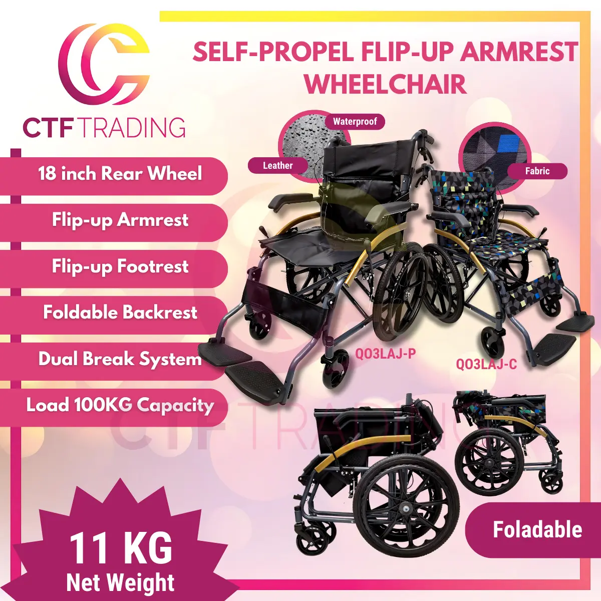 Self Propel Flip Up Armrest Lightweight Wheelchair ( Kerusi Roda ) 18" Rear Wheel