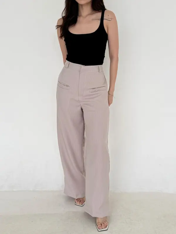 [Poshy] Kimberly Loose Stripe Pants Highwaist Semiwool Pockets Celana Panjang Wanita Premium Straight Trouser Celana Garis 2