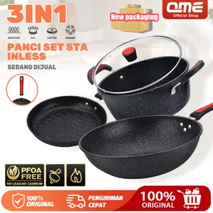 QME - Panci Set Stainless Anti lengket Peralatan Masak 3PCS Peralatan Dapur Cocok Untuk Semua Kompor Wajan Panci Paket Keluarga Set Aluminium Baja - Kitchenware