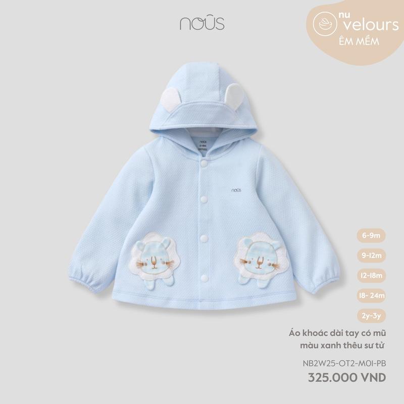 KOL Nous Baby M05 Áo khoác dài tay có mũ màu xanh thêu trang trí dành cho bé trai bé gái từ 6 tháng đến 3 tuổi BST T9