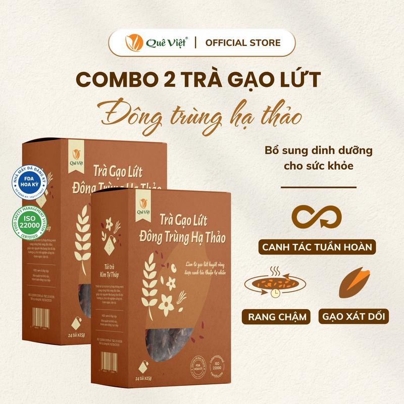 Combo 2 hộp Trà gạo lứt Đông trùng hạ thảo Quê Việt - Hộp 600g 450g Nước Trà Tea Chè