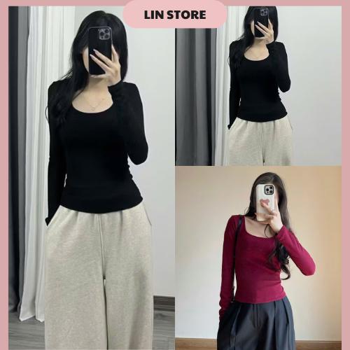 Áo thun cổ vuông dài tay chất thun tăm gân co dãn mềm mại áo thun trơn dài tay ôm body chất liệu tăm lạnh màu đen, trắng, đỏ, xanh, xám, nâu
