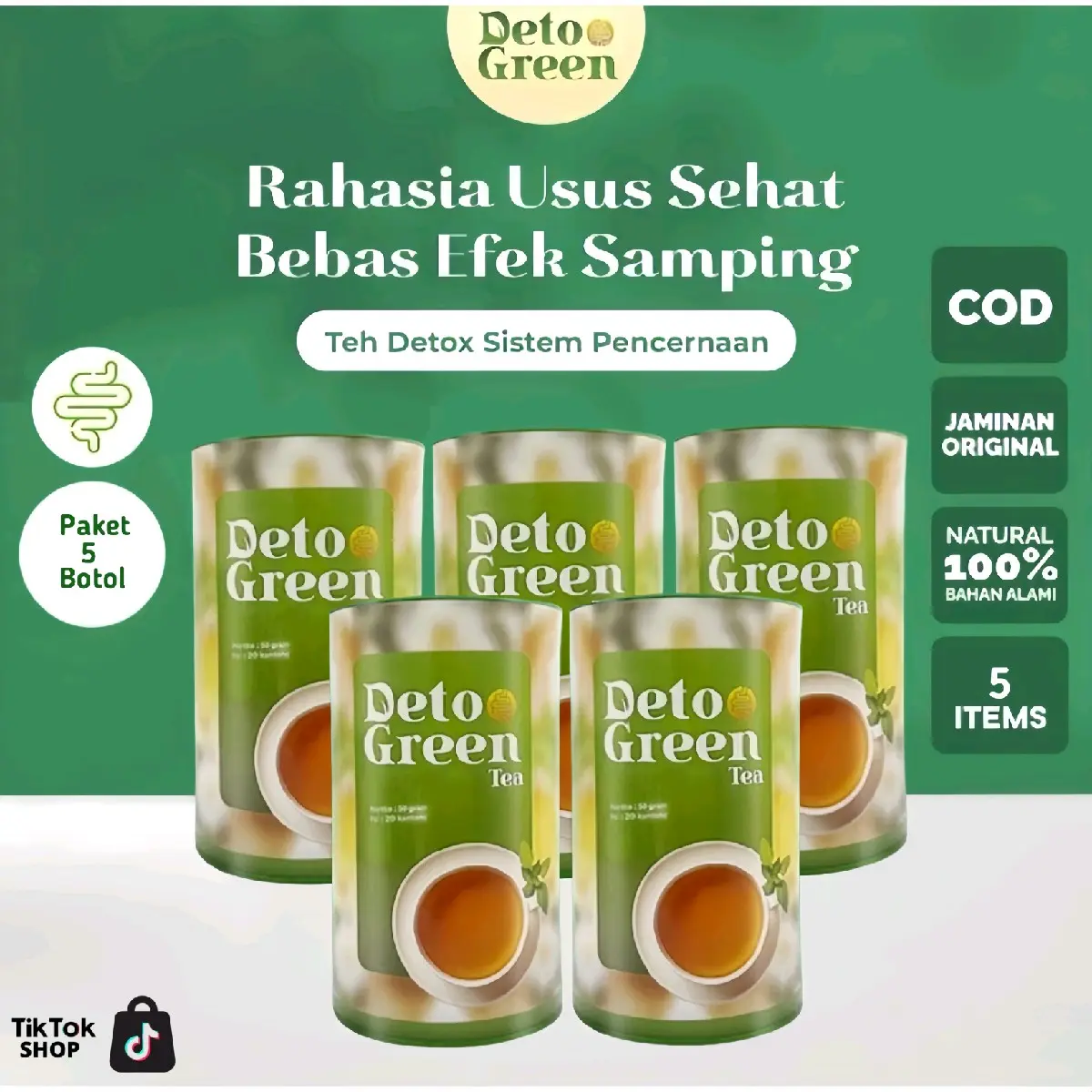 Paket 5 Botol - Detogreen Air Tea Honey Peach Solusi Herbal untuk Kesehatan Ususmu dan Melancarkan Sistem Pencernaan Secara Alami