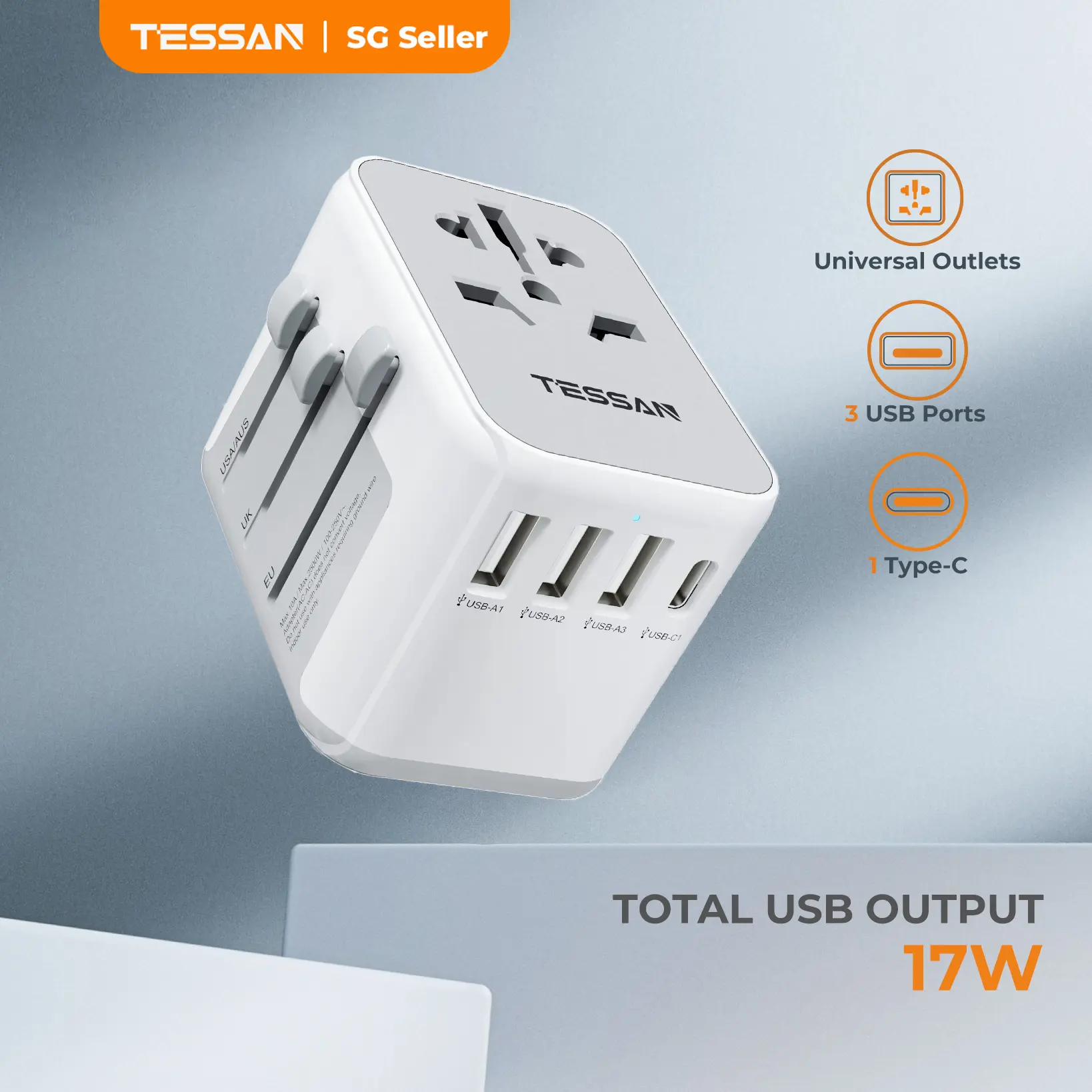 TESSAN - Universal 17W International Charging Travel Adaptor with USB & Type C Port for Tablets