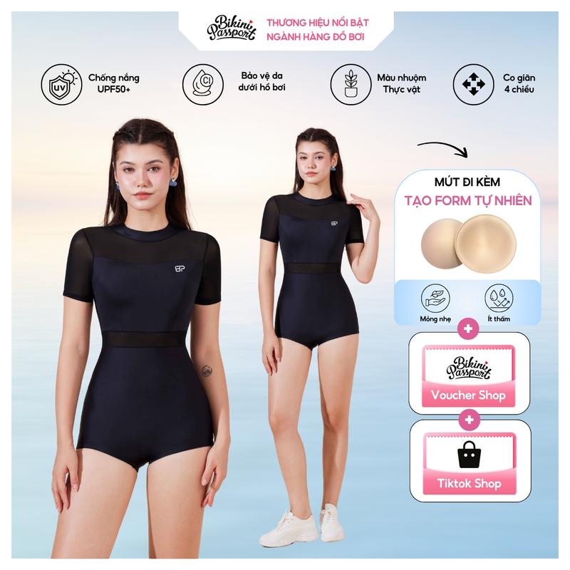 Đồ bơi Nữ BIKINI PASSPORT kiểu Một mảnh tay ngắn kín đáo, phối lưới cách điệu - màu Đen  - BS412_BL