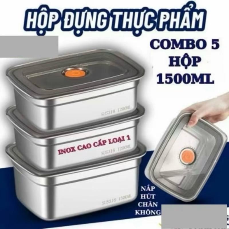   Loại 1  Combo 5 Hộp 1500ML Inox 304 Có Nắp Hút Chân Không Khay Ngăn Mùi Tủ Lạnh 19x8.5x13cm An Toàn Sức Khỏe 
