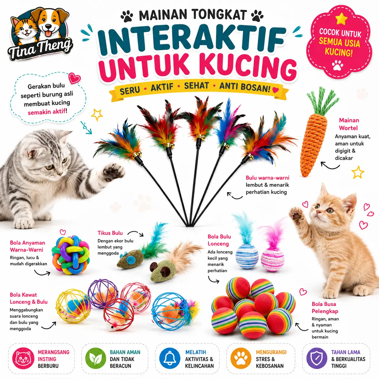 Mainan Kucing " Tongkat Penggoda Bola & Bulu Ayam " Cat Toys