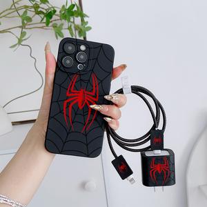 Set de 6 Piezas con Patrón de Araña para Funda de Teléfono, Cubierta para Cabeza del Cargador, Protector de Cable, Cuerda de Almacenamiento, Protección para Línea de Datos, Apto para Modelos de iPhone